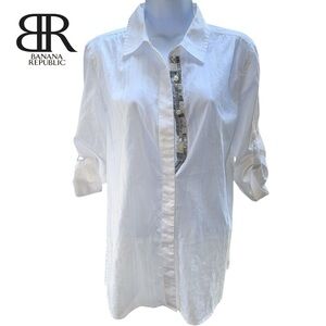 Banana Republic HERITAGE Cotton Beaded Embroidered White Wmn’s Blouse Rare | L